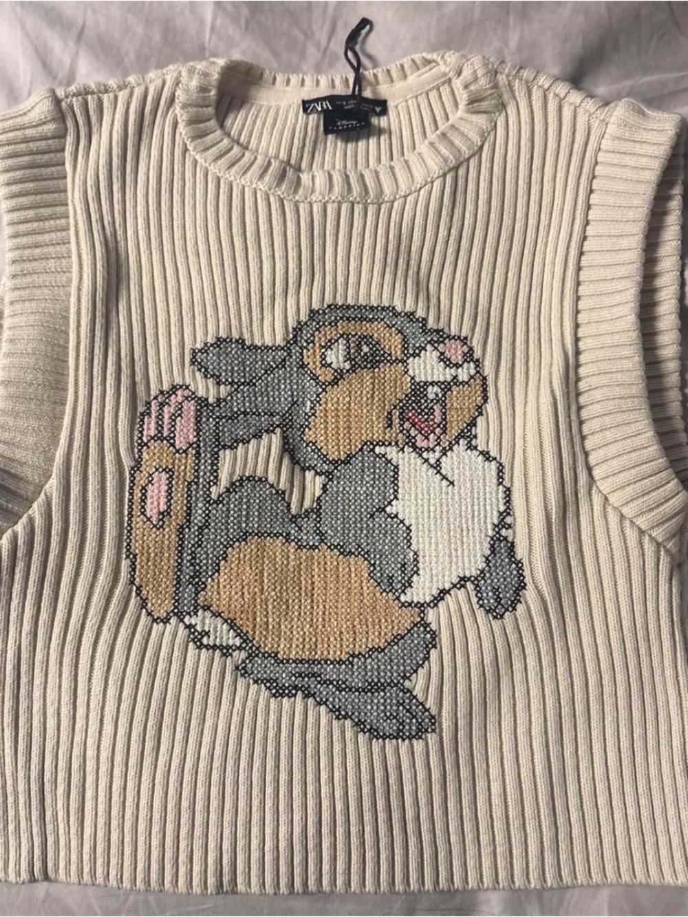 Zara Cream Ribbed Sleeveless Sweater with Thumper Graphic
